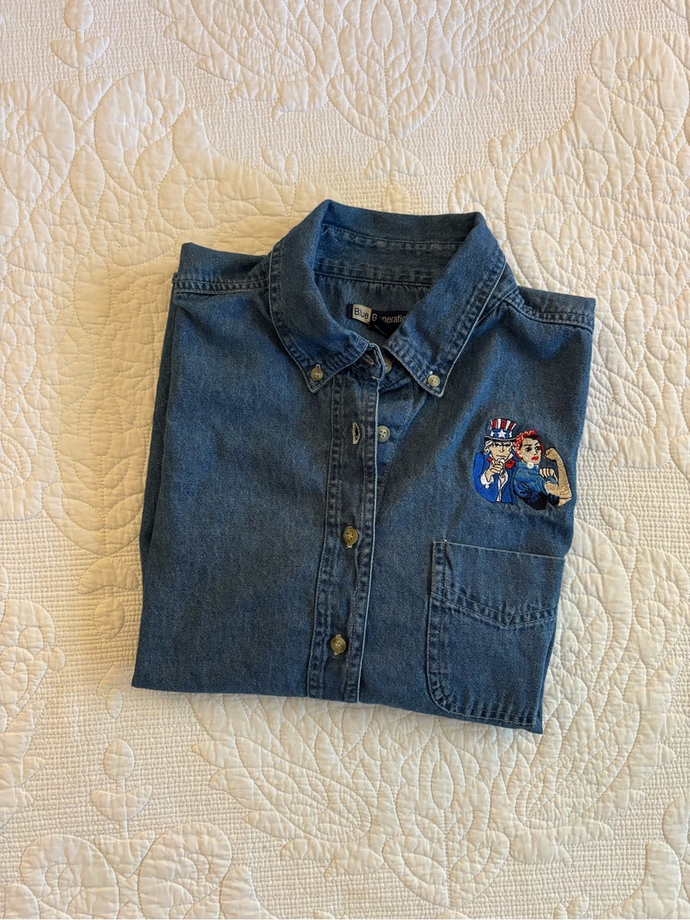 Button-Down Denim Shirt with Patriotic Embroidered Patch - Blue